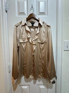 White House Black Market Silk Stretch Blouse Size 16 – Champagne Satin Ruffle - Picture 1 of 19