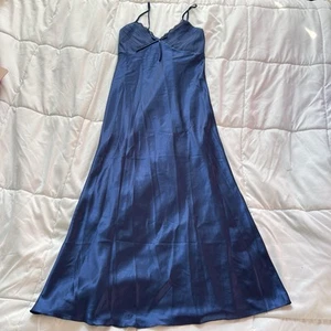 Womens Y2K Retro Blue Maxi Dress Slip Chemise Babydoll L Gown Navy High Slit - Picture 1 of 10