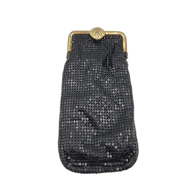 Moeda de cigarro Whiting and Davis malha preta estojo bolsa fecho de strass - Imagem 1 de 4