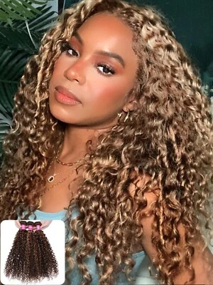 UNice Cambodian Ombre Highlight Blonde Curly Bundles Human Hair Weaves Extension - Image 1 of 4