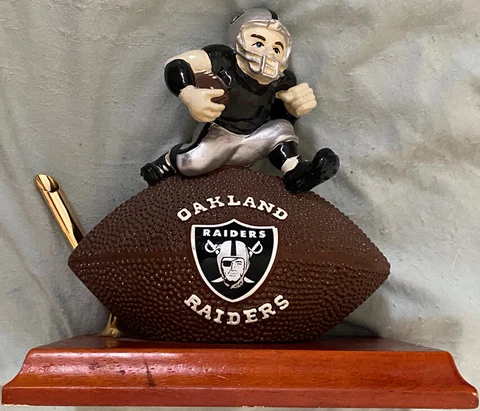 Vintage Oakland Raiders Clock & Pen Holder on Wood Base Silver & Black Cover