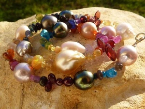 Necklace Gold 18 CT, Beads Freshwater, Gold And Tahiti, Sapphires, Peridot, Ruby - Picture 1 of 18