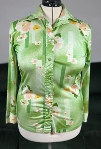 Carole Joanne Fashion 1970s Shirt Green Floral Point Collar Button Down LS Used - Bild 1 von 8