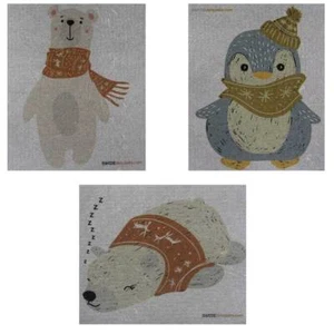 Mixed Winter Animals on Gray Set of 3 cloths Swedish Dishcloths -one of each/D. - Picture 1 of 3