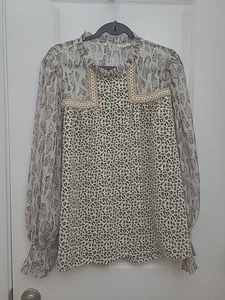Jodifl Mixed Animal Print Chiffon Poet Longsleeve Top Sz 1X Ruffles Back Button - Picture 1 of 13