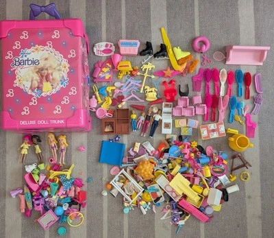 1991 Vintage Pink, And Purple Barbie Deluxe Doll Trunk W Barbie Polly Pocket Lot - Image 1 of 4