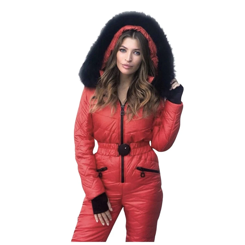 Monos de esquí para mujer Traje de nieve Cuello de piel extraíble Rojo borgoña 2XL Foto 1 de 4