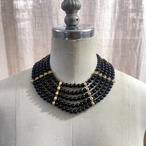 Collana girocollo vintage stratificata oro nero perline grossa accento foglia tono oro - Foto 1 di 7