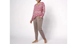 AnyBody Sleep Petite Lush Jersey Printed Tunic 2-pc A626285 Taupe Fair Isle PM - Picture 1 of 5