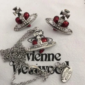 Vivienne Westwood Diamante Heart Necklace Earrings Set Red Silver With Pouch - Picture 1 of 24