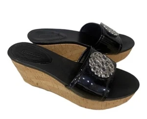 Coach Patent Leather Signature Judith Wedge Cork Heel Sandal US10 Black platform - Picture 1 of 9