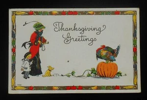 1914 CHARMANT! Erntedankgruß hübsche Dame fotografiert Truthahn auf Kürbis - Bild 1 von 1