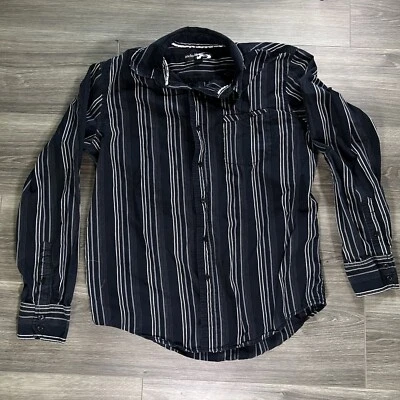 Винтажная рубашка 90-х Anchor синяя на пуговицах большая черная в полоску карман с длинным рукавом - Изображение 1 из 4