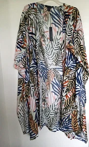TAHARI Kimono Top Copricostume da Spiaggia Donna Aperto davanti Taglia Unica Foglie Tropicali NUOVO - Foto 1 di 3