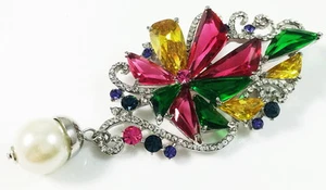 BROSCHE aus Swarovski Kristall PIN Hochzeit Braut Mehrfarbig Perle GROß - Bild 1 von 3
