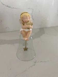 Princess House Cherub Engel Gold Stern kleine Glasglocke Weihnachtsdeko 5" hoch - Bild 1 von 4