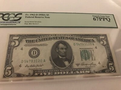 $5 1950A Federal Reserve Note Cleveland Fr#1962-D PCGS 67 PPQ Superb Gem New - Image 1 of 4