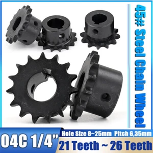 45#Steel Roller Chain Sprocket Wheel 04C Pitch 6.35mm 21~26 Teeth Bore 8~25mm - Picture 1 of 31