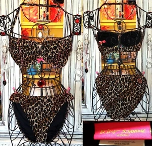 Vintage Betsey Johnson Leopard Mesh Pink Crystal Lips Pinup Bikini Swimsuit M - Picture 1 of 19