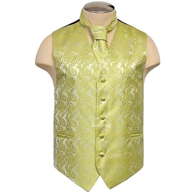 New Formal Men's Paisley Vest Tuxedo Waistcoat_Necktie Lime Green wedding prom - Image 1 of 3