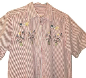 Womens Large RWB Patriotic ButtonUp Embtoidered American Flag Shirt Short Sleeve - Picture 1 of 6