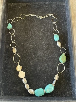 Colar longo prata tom declaração contas verde turquesa elos martelados boho - Imagem 1 de 4