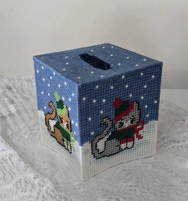Made to order.  Meowy  Christmas Plastic Canvas Tissue Box covers.  - Image 1 of 4