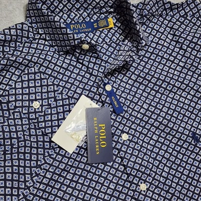 Polo Ralph Lauren Blue Stretch Floral Geomet Print Navy Button Up Mens MT Tall - Image 1 of 4