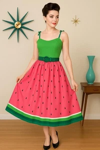 Collectif London Watermelon Dress M UK12 Pinup 50s Retro Rockabilly Sommerkleid - Bild 1 von 14