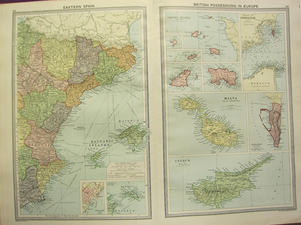 1920 MAPA GRANDE ~ ILHAS BALEARES DO LESTE DA ESPANHA MAIORCA BARCELONA MALTA CHIPRE - Imagem 1 de 1