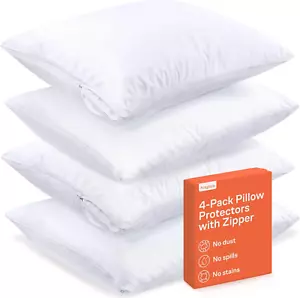 4 Pack Pillow Protectors Standard Size Soft Zipper Covers White Washable Case - Picture 1 of 7