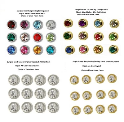 Hypoallergenic Sterilized Piercing Studs Earrings Clear Crystal OR Colour-12Pair — 第 1/4 张图片
