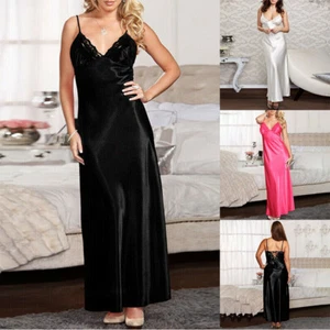 Womens Sexy Ladies Lingerie Nightie Nightdress Long Silk Satin Dress Sleepwear - Picture 1 of 14
