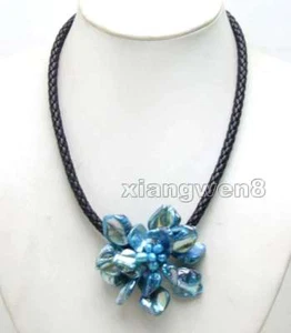 Blue 70mm Shell Flower Pearl Pendant Necklace for Women Black Rope 18' Chokers - Picture 1 of 18