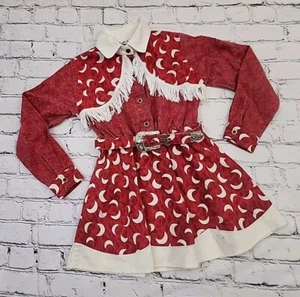 Sas’sa Vintage Girls Western Rodeo Button Down Dress Red Moon Fringe Belt SZ 6X - Picture 1 of 8