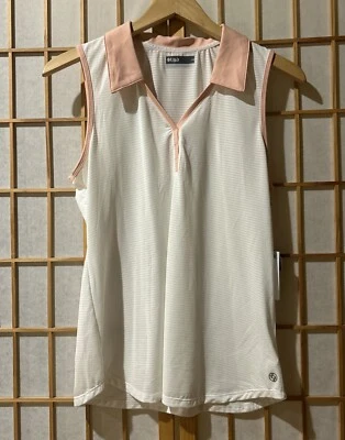 New Lija women’s top sleeveless polo tennis golf size large white w/peach collar - Image 1 of 4