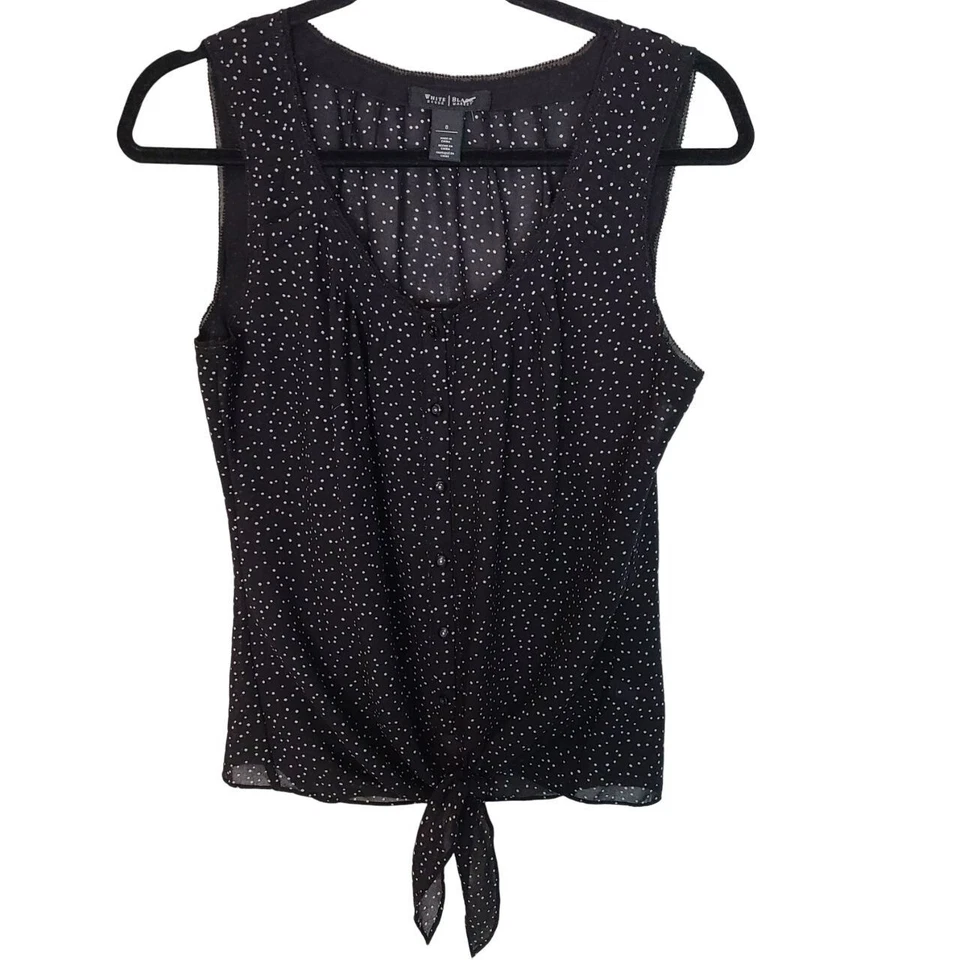 White House Black Market Womens 8 Black White Polka Tie Front Sleeveless Blouse - Изображение 1 из 4