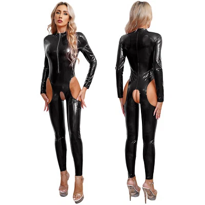 Damen Wetlook Bodysuit Lackleder Catsuit Sexy Reißverschluss Overalls Clubwear - Bild 1 von 4