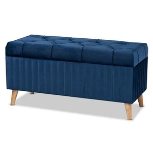 Baxton Studio Hanley Blue Velvet Fabric and Brown Finished Wood Storage Ottoman - Picture 1 of 11