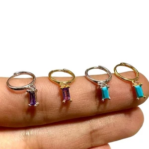 925 Silver Amethyst or Turquoise Dangle Hoop Earrings Gold Plated Gift Women - Picture 1 of 15