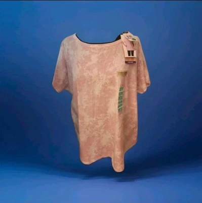 Earth Yoga Pink & White Cloud Print Short Sleeve Yoga Athletic Shirt Top 1X - Image 1 of 4