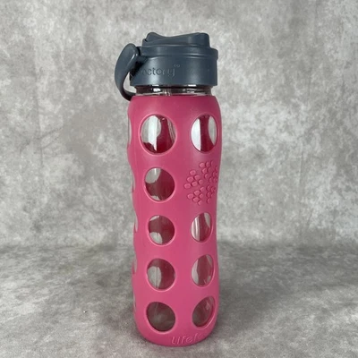 Lifefactory Glass Straw Grey Cap Pink Silicone Sleeve Water Bottle 22oz USA - Image 1 of 4