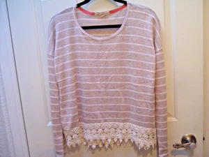 Rewind Large beige weiß Strick gestreift Top Spitze getrimmter Saum Langarm - Bild 1 von 1