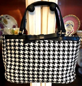 Casual Corner Wool Blend Hounds Tooth Cute Hand Bag Black & White w/Bow - Picture 1 of 8