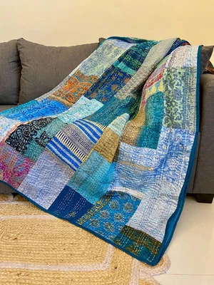Indian handmade silk patchwork kantha quilt bohemian bedspread Blanket Throw - Image 1 of 2