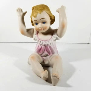 Piano Baby Sitting Girl Arms Up Pink Dress Blue Eyes Ceramic Vintage - Picture 1 of 6