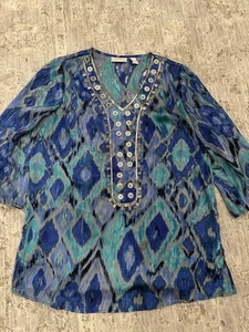 Chicos Sz 1 Med Bright Blue Metal Studded V-Neck 3/4 Sleeve Blouse Top Boho Flaw - Picture 1 of 10