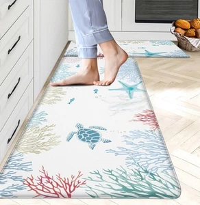 Coastal Beach Kitchen Rugs Set of 2 Anti Fatigue Kitchen Mat Blue Turtle Kitc... - Picture 1 of 7