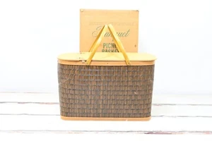 Vintage 1979 Burlington Hawkeye Picnic Basket Woven Wood Brown With Original Box - Picture 1 of 14