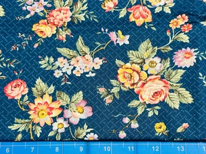 Tina Scrap 9”x21” Pink Poppies Rose Flower Floral Bouquet Navy OOP Cotton Fabric - Picture 1 of 1
